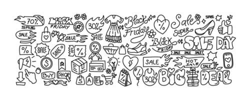 Set of Black Friday Doodle Icon Vector Art. Line art vector hand drawn set of Shopping cartoon doodle objects, symbols and items.