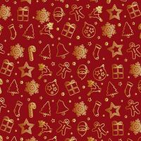 Golden Christmas Decoration Objects Elements Pattern On Red Background vector