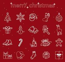Merry Christmas White Line Icons Set On Red Background vector