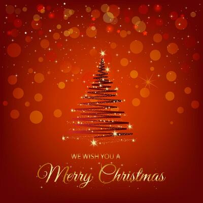 Merry Christmas Red Background With Glittering Christmas Tree
