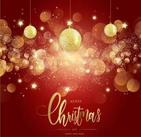 Merry Christmas And Happy New Year Red Gold Glittering Background With Hanging Ball And Bokeh vector