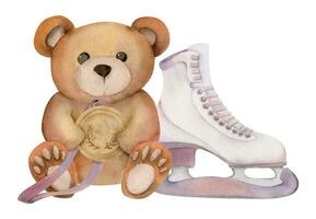 Hand drawn watercolor cute plush toy bear with figure skating boots, winter sports equipment. Illustration isolated on white background. Design poster, print, website, card, invitation, shop brochure vector