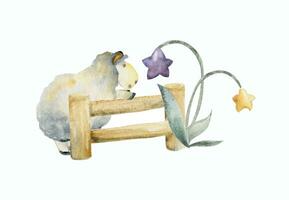 Watercolor hand drawn illustration, cute little plush baby sheep jumping fence, star flowers. Textured effect. Composition isolated on white background. For kids children bedroom, fabric, linens print vector