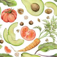 mano dibujado acuarela verduras, ensalada y nueces mezcla para dieta, sano estilo de vida, vegano cocinando. ilustración sin costura modelo aislado en blanco antecedentes. diseño póster, imprimir, sitio web, tarjeta, menú vector