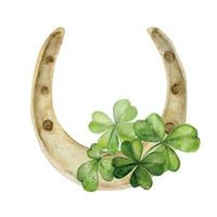 Watercolor hand drawn illustration, Saint Patrick holiday. Green lucky clover shamrock leaves, gold horseshoe. Ireland tradition. Isolated on white background. For invitations, print, website, cards. vector