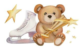 Hand drawn watercolor cute plush toy bear with figure skating boots, winter sports equipment. Illustration isolated on white background. Design poster, print, website, card, invitation, shop brochure vector