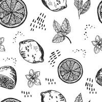 Graphic pattern with lemons, lemon slices with flowers. Seamless pattern with summer lemons, hand-drawn in ink. Vector background with citrus fruits and flowers, branches