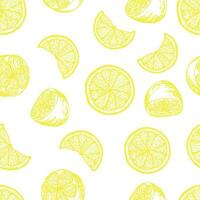 Graphic pattern with lemon, lemon slices with. Seamless pattern with summer lemons, hand-drawn in ink. Vector background with citrus fruits. Yellow lemons