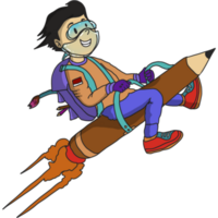 A boy student with a backpack riding on a flying pencil. illustration in flat style png