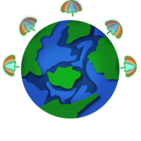 Many umbrellas are depicted surrounding a globe ,suitable for weather-related designs, travel advertisements, or any concept related to global protection or preparation. png