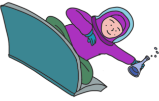 teen girl wearing hijb riding a book and fly while holding a beaker png