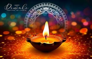 diwali saludos, un vela en un tradicional lámpara con un bokeh antecedentes foto