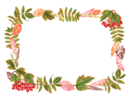 Horizontal frame with autumn leaves and bunch of ripe viburnum berries, rowan berries. Guelder rose, Sorbus aucuparia, mountain-ash, quick beam. Watercolor illustration. Space for text png