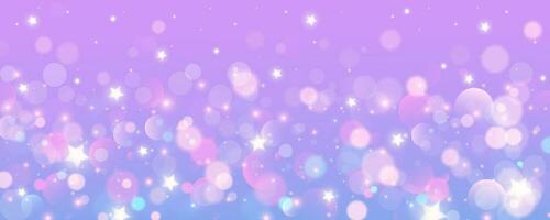 Purple unicorn background. Pastel violet sky with glitter stars and bokeh. Fantasy galaxy with holographic texture. Magic marble space. Vector