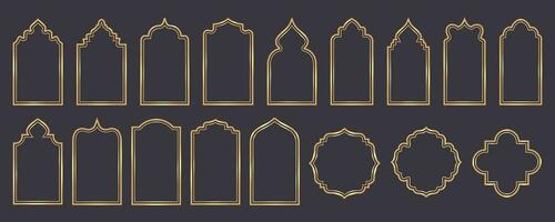 Ramadan window frame shapes. Islamic golden arches. Muslim mosque elements of architecture with ornament. Turkish gates and doors set. Vector