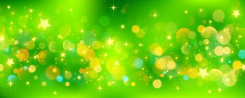 Green background with glitter stars. Bright fantasy sky. Space with bokeh. Fairy iridescent gradient backdrop. Vector