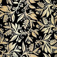 Floral seamless pattern with abstract leaves and berries in gold on black backdrop. Design for wallpapers, wrappings, textiles, fabrics. vector