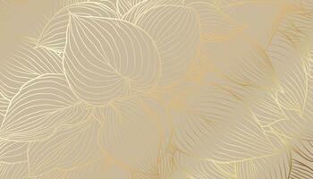 Digital vector illustration - golden hosta leaves in hand drawn line art on beige background. Luxurious art deco wallpaper design for print, poster, cover, banner, fabric, invitation.