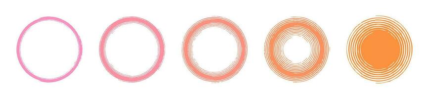 Set of 5 vector background circle frames with a smooth color transition from pink to orange, concentric circles in grunge style, design element for web, social media highlights, banner, round template