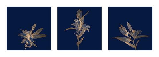 A set of frames of lily flowers linear drawings with bronze metallic outline on deep blue background. Design for print, poster, cover, banner, fabric, invitation, postcard and packaging. vector