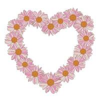 Floral wreath of white-pink-yellow daisies in the shape of heart isolated on white background. Vector illustration element with copy space for greeting cards, invitations wedding, birthday, packaging.