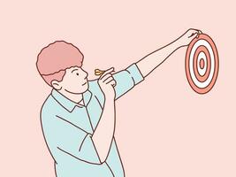 Man playing holding darts board and aiming little red arrow simple korean style illustration vector