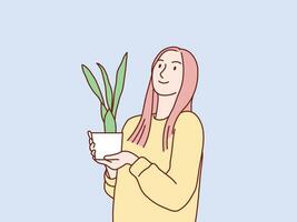 mujer en suéter atuendo participación planta contento posando sencillo coreano estilo ilustración vector