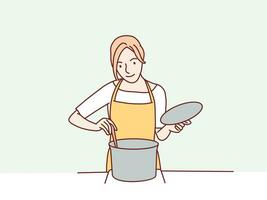 mom cooking stir on pan with apron and spatula simple korean style illustration vector