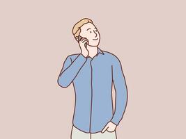 sonriente hombre hablando en célula teléfono manos en pantalón bolsillos sencillo coreano estilo ilustración vector