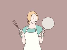 mamá es consiguiendo Listo a cocinar con un pan y un batidor sencillo coreano estilo ilustración vector