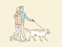 Happy young couple walking their dog simple korean style illustration vector