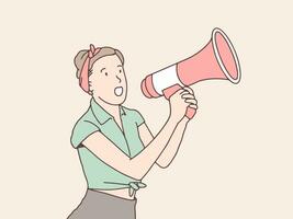 Retro woman shouting  and screaming megaphone with two hand  simple korean style illustration vector