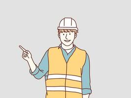 construction worker points to the side with his hands fingers simple korean style illustration vector