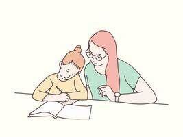 Mother accompanies daughter to study simple korean style illustration vector