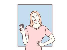 Young woman happy and counting three with fingers korean simple style illustration vector