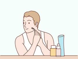 Man shaving his face and looking at on mirror simple korean style illustration.eps vector