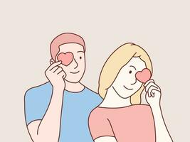 Pareja participación rojo papel corazones cerca ojos y sonriente sencillo coreano estilo ilustración vector