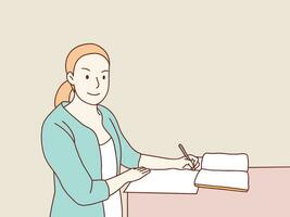 businesswoman working on desk and taking notes In office simple korean style illustration vector