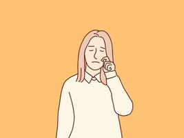 joven mujer triste su llorar limpiar lágrimas con dedos sencillo coreano estilo ilustración vector