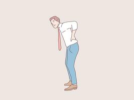 Man employee hands touching back pain backache simple korean style illustration vector