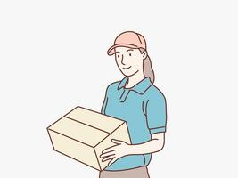 contento joven entrega mensajero mujer en pie con un enviar caja paquete o empaquetar sencillo coreano estilo ilustración vector
