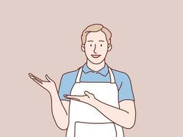 Man waiter wearing apron show and present pointing hand simple korean style illustration vector