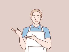 Man waiter wearing apron show and present pointing hand simple korean style illustration vector