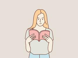 retrato de joven sonriente niña leyendo libro sencillo coreano estilo ilustración vector