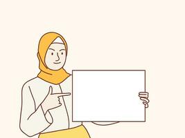 Woman muslim hijab pointing lift up white blank banner paper simple korean style illustration vector