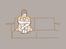 sad woman hugging her knees and crying on corner of sofa simple korean style illustration vector