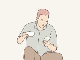 Relax man enjoying a cup of coffee and smartphone simple korean style illustration vector