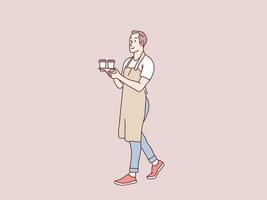 Man waitress walking serving order coffee to customer simple korean style illustration vector