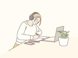 Happy young girl in headphones at laptop studying writing on desk simple korean style illustration vector