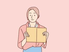 retrato de sonriente mujer leyendo libro sencillo coreano estilo ilustración vector